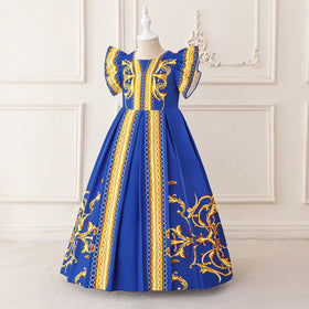 Girls Blue Printed Fit & Flare Dress With Flutter Sleeves Casual Dresses
