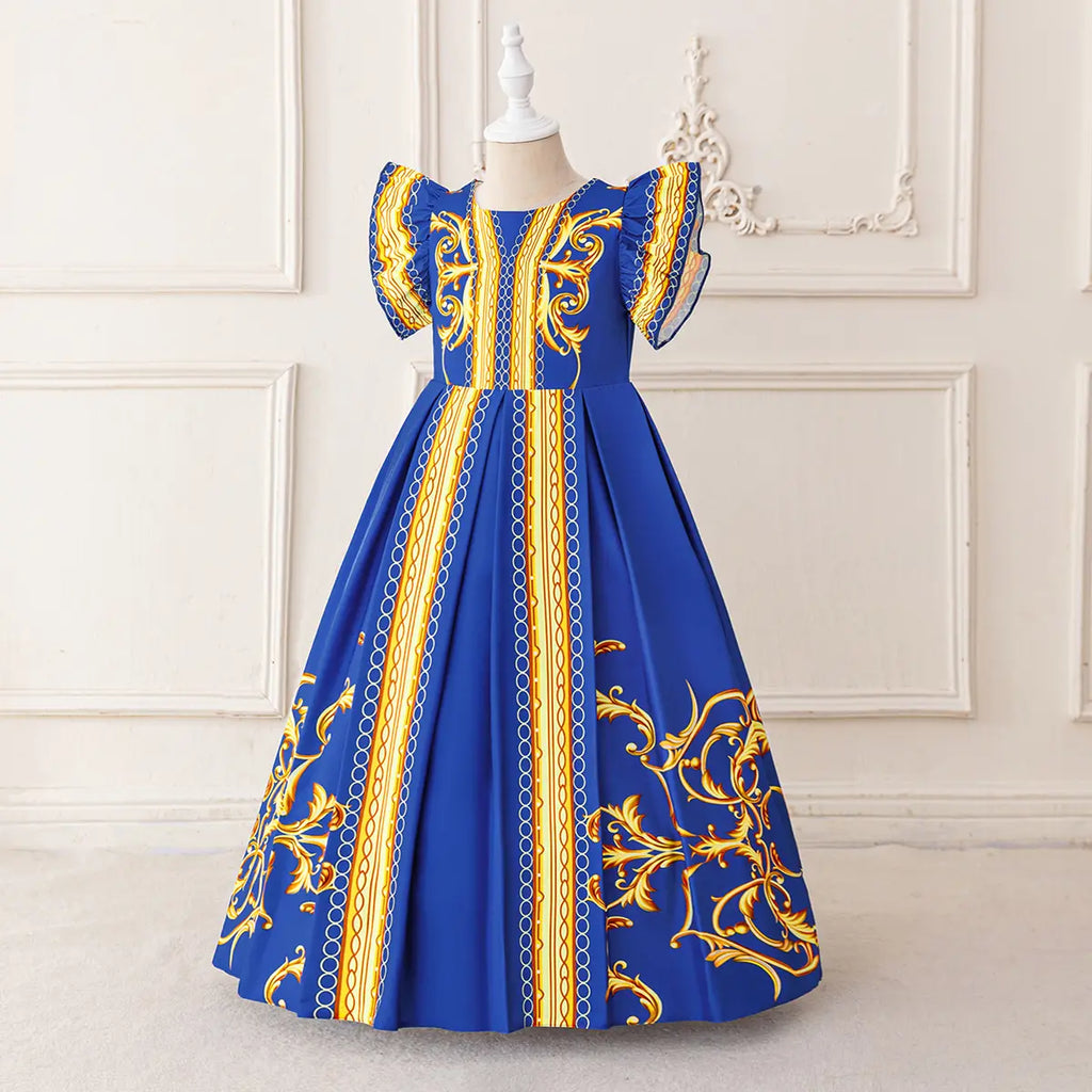 Girls Blue Printed Fit & Flare Dress With Flutter Sleeves Casual Dresses