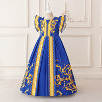 Girls Blue Printed Fit & Flare Dress With Flutter Sleeves Casual Dresses