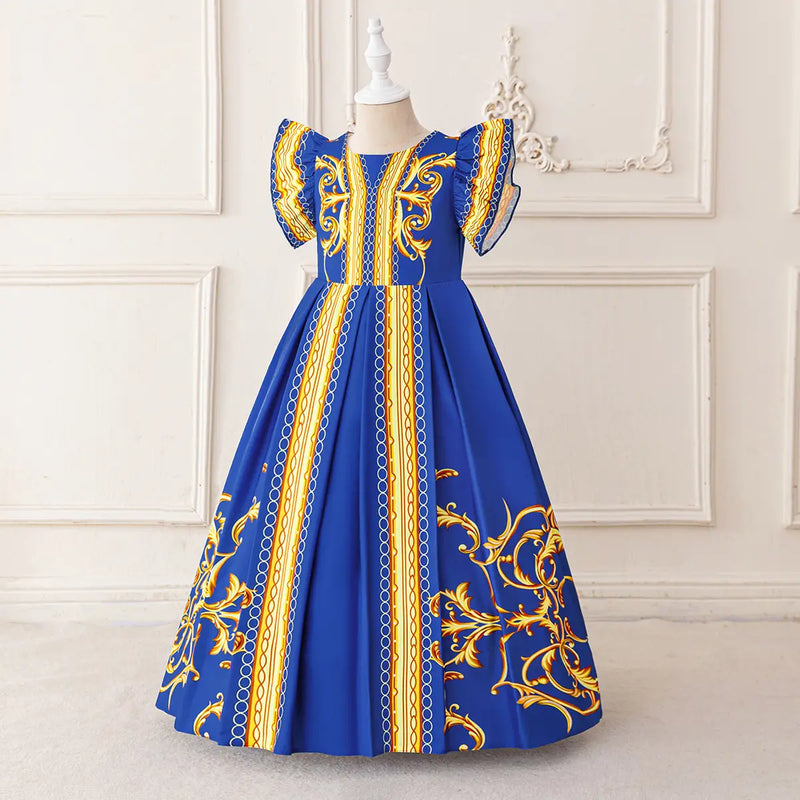 Girls Blue Printed Fit & Flare Dress With Flutter Sleeves Casual Dresses