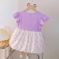 Girls Purple Floral Printed Short Sleeve Balloon Dress Casual Dresses