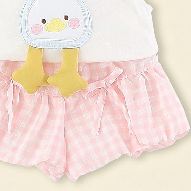Girls White Duck Applique Top With Checked Shorts Sets Sets