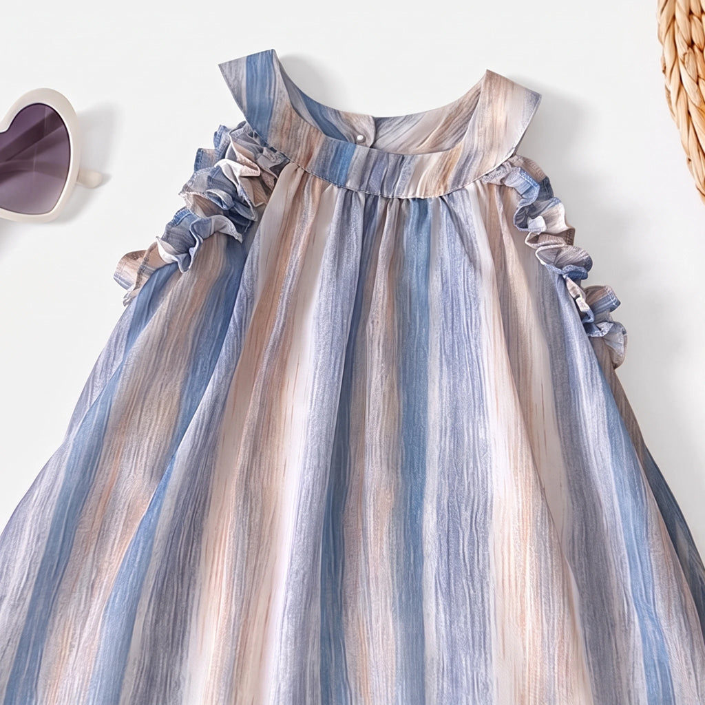 Girls Blue Striped Sleeveless Ruffled A-line Dress Casual Dresses