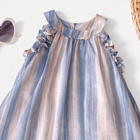 Girls Blue Striped Sleeveless Ruffled A-line Dress Casual Dresses