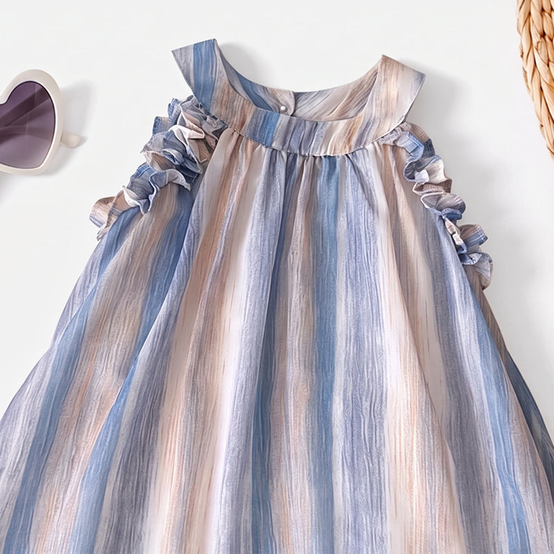 Girls Blue Striped Sleeveless Ruffled A-line Dress Casual Dresses