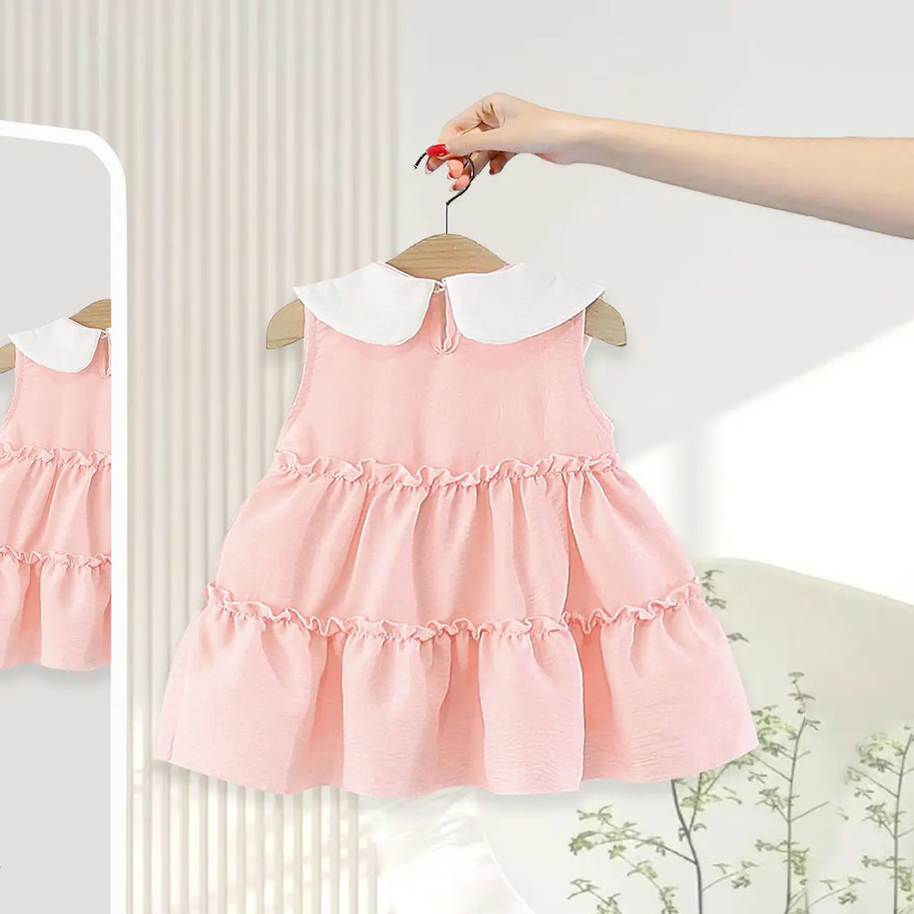Girls Pink Peter Pan Collar Tiered Dress With Bow Details Casual Dresses