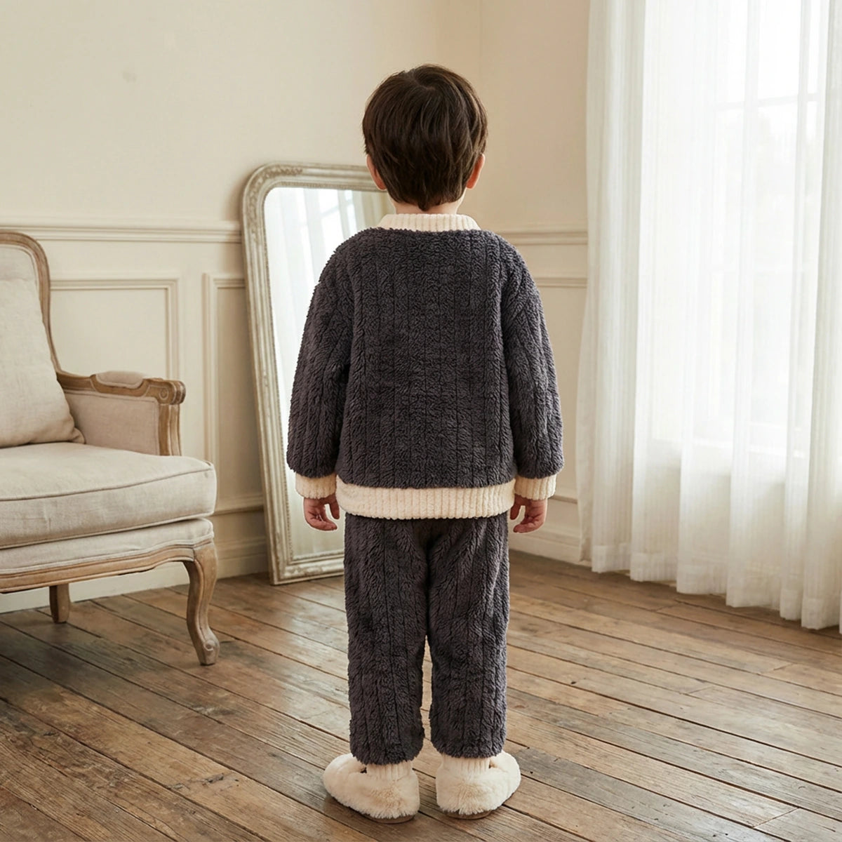 Boys Dark Grey Fleece Bear Applique Button-up Jacket With Jogger Co-ord Sets Sets