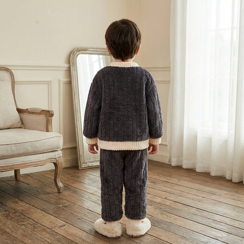 Boys Dark Grey Fleece Bear Applique Button-up Jacket With Jogger Co-ord Sets Sets