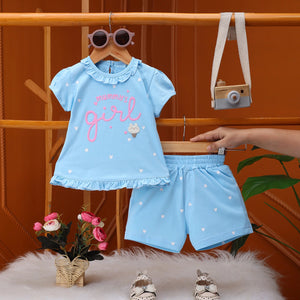 Girls Sky Blue Heart Printed Top With Matching Shorts Sets Sets Sky Blue 1-2 Y