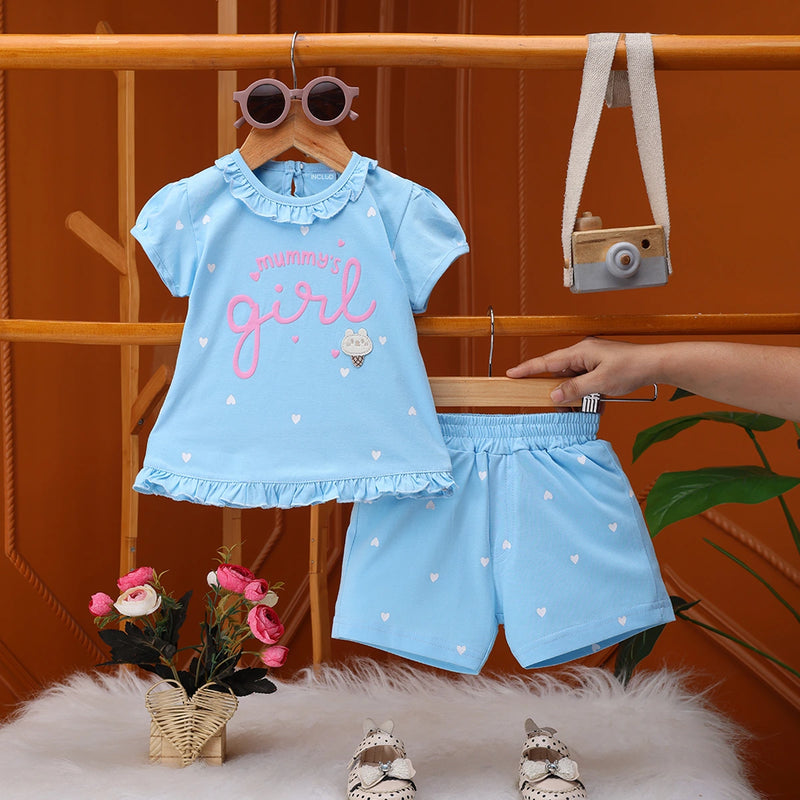 Girls Sky Blue Heart Printed Top With Matching Shorts Sets Sets Sky Blue 1-2 Y
