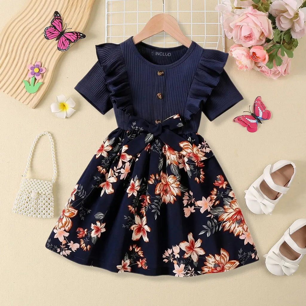 Girls Navy Blue Floral Print Short Sleeves Fit & Flare Dress With Bow Casual Dresses Navy Blue 3-4 Y