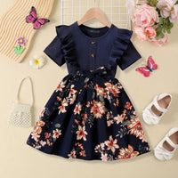 Girls Navy Blue Floral Print Short Sleeves Fit & Flare Dress With Bow Casual Dresses Navy Blue 3-4 Y