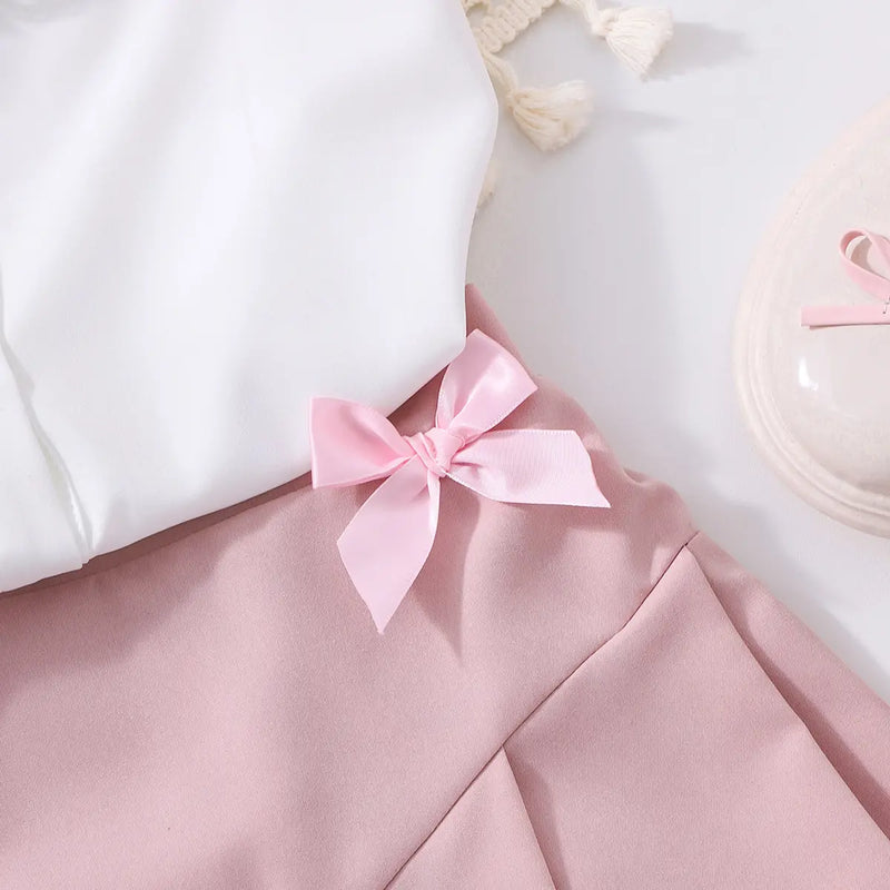 Girls White Puff Sleeves Collared Top With Pleated Skirts Set Sets