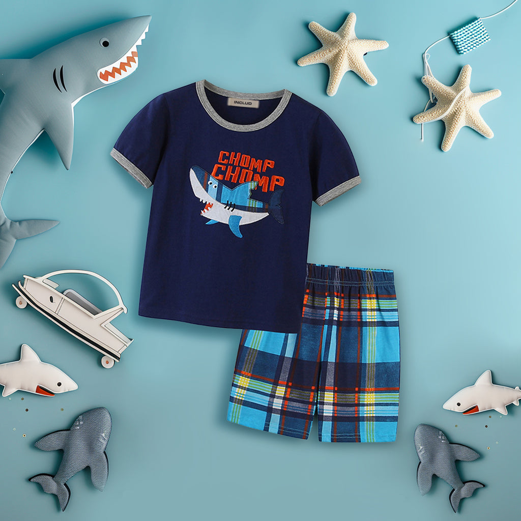 Boys Shark Applique T-Shirt With Checkered Print Shorts Set
