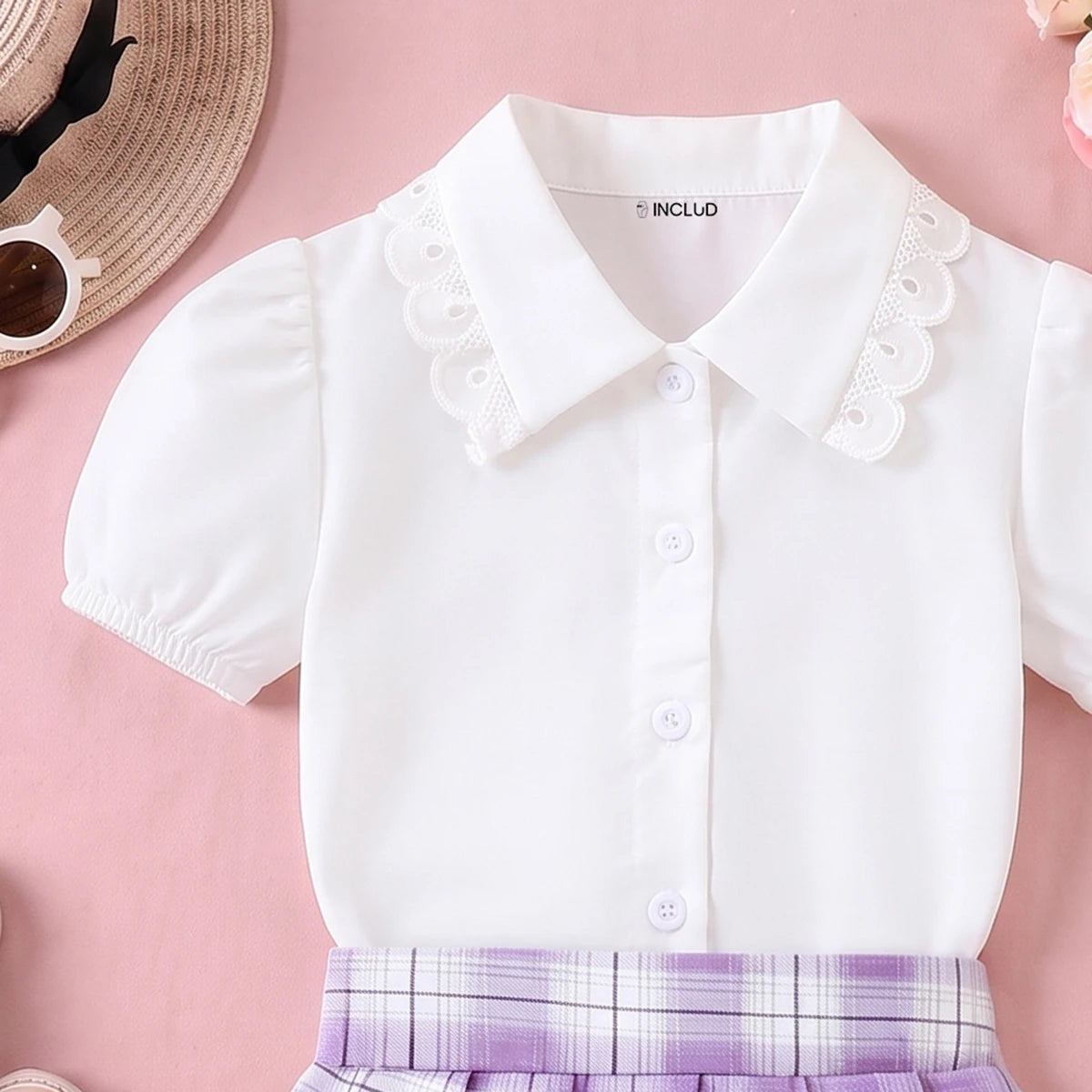 Girls White Puff Sleeve Shirt With Checked Pleated Skirt Sets 2 pc. Sets