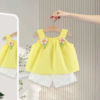 Girls Yellow Flower Applique Top With Shorts Sets Sets Yellow 1-2 Y