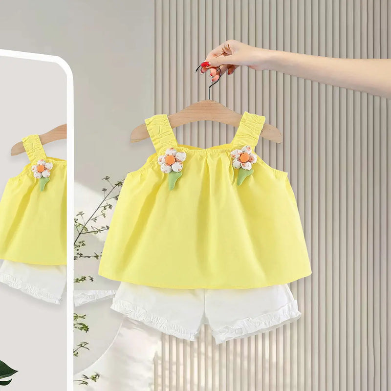 Girls Yellow Flower Applique Top With Shorts Sets Sets Yellow 1-2 Y