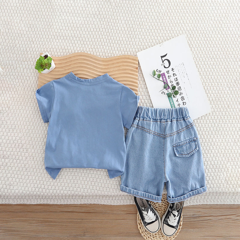 Boys Blue Embroidery Applique T-Shirt With Denim Shorts Set 2 pc. Sets