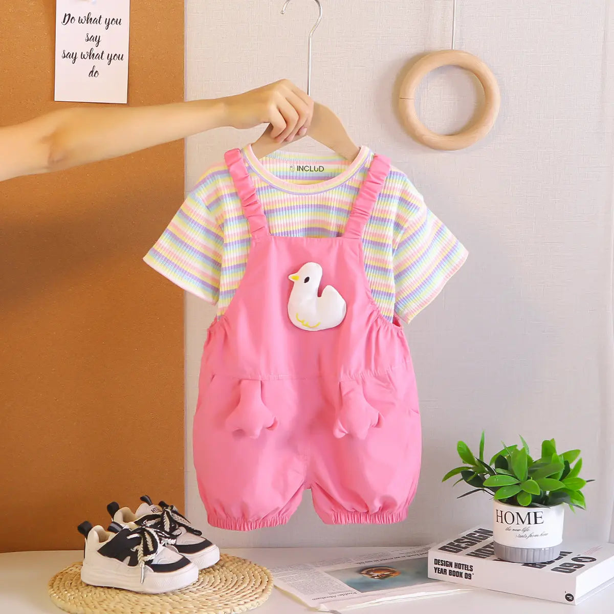 Girls Pink Toy Applique Dungaree With Short Sleeve Stripes T-Shirt Sets 2 pc. Sets Pink 1-2 Y