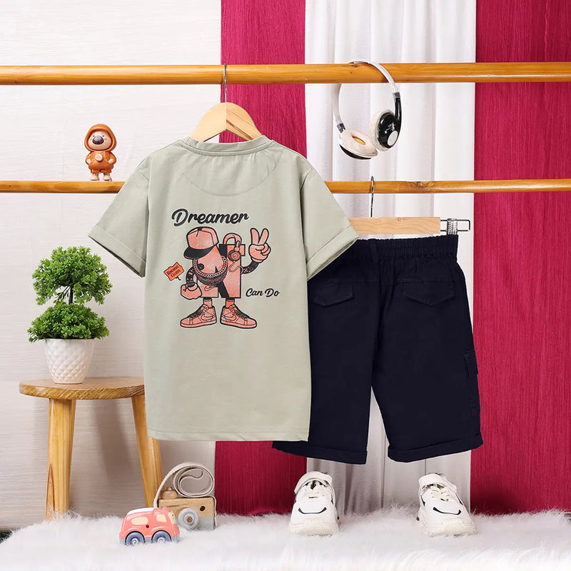 Boys Light Green Graphic Short Sleeve T-Shirt With Elasticated Cargo Shorts Sets Sets