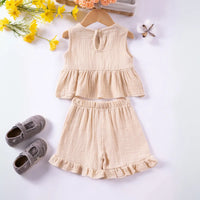 Girls Beige Textured Bow Applique Peplum Top With Shorts Co-ord Sets Sets