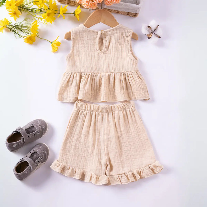 Girls Beige Textured Bow Applique Peplum Top With Shorts Co-ord Sets Sets