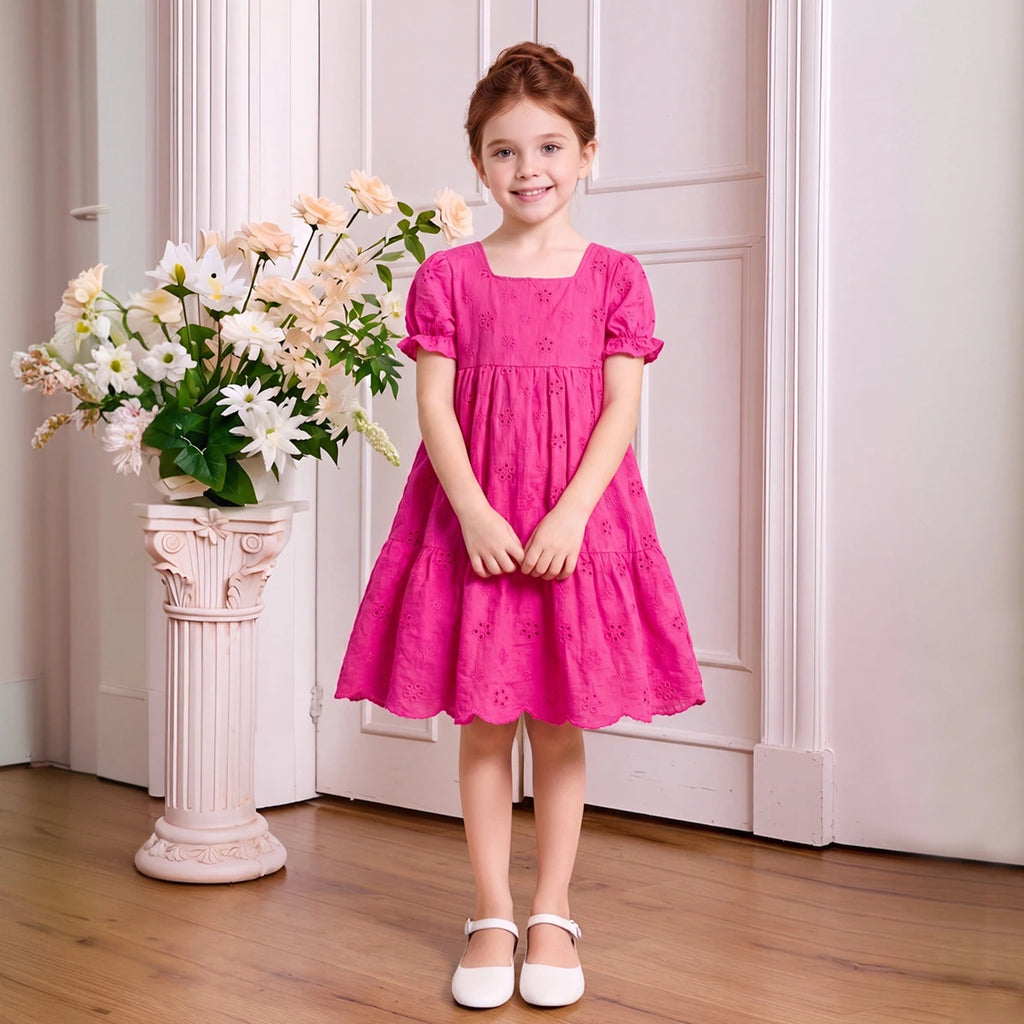 Girls Fuchsia Schiffli Embroidered Puff Sleeve Tiered Dress Casual Dresses Fuchsia 3-4 Y