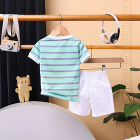 Boys Green Stripes Short Sleeve Print Applique T-Shirt With Elasticated Shorts Sets 2 pc. Sets