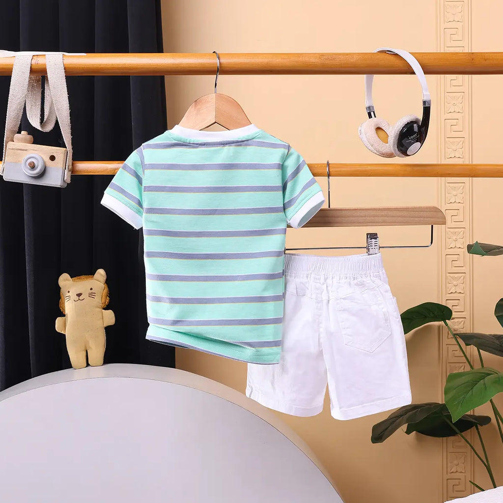 Boys Green Stripes Short Sleeve Print Applique T-Shirt With Elasticated Shorts Sets 2 pc. Sets
