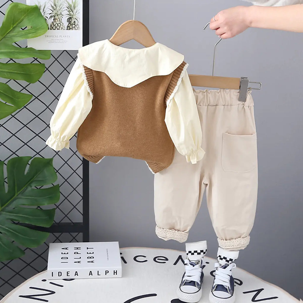Girls Khaki Floral Embroidered Sweater Vest With Top & Pants Set Sets