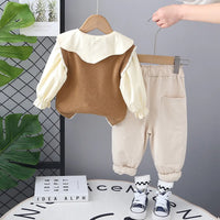 Girls Khaki Floral Embroidered Sweater Vest With Top & Pants Set Sets