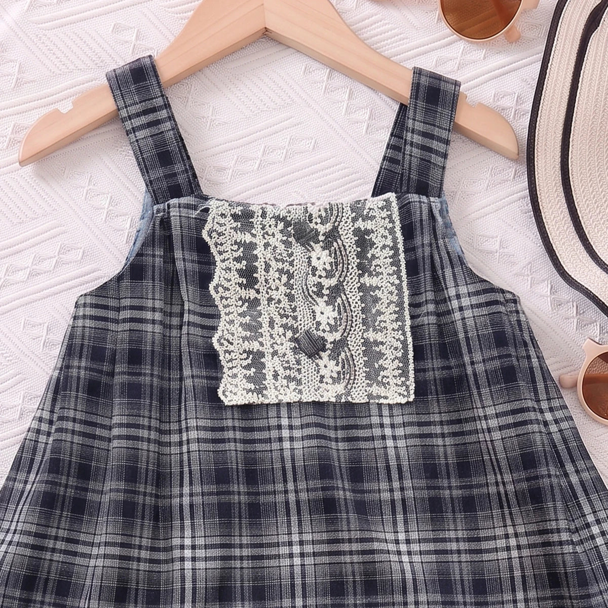 Girls Light Blue Sleeveless Checked A-line Dress Casual Dresses