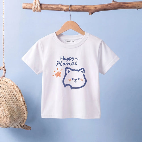 Girls White Happy Planet Typography Print Short Sleeve T-Shirt Tshirts White 1-2 Y