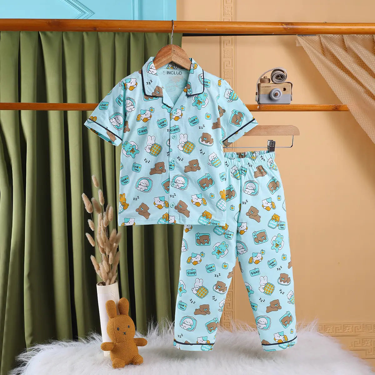 Girls Sea Green Bear Print Short Sleeve Shirt With Elasticated Pants Sets Sets Sea Green 2-3 Y
