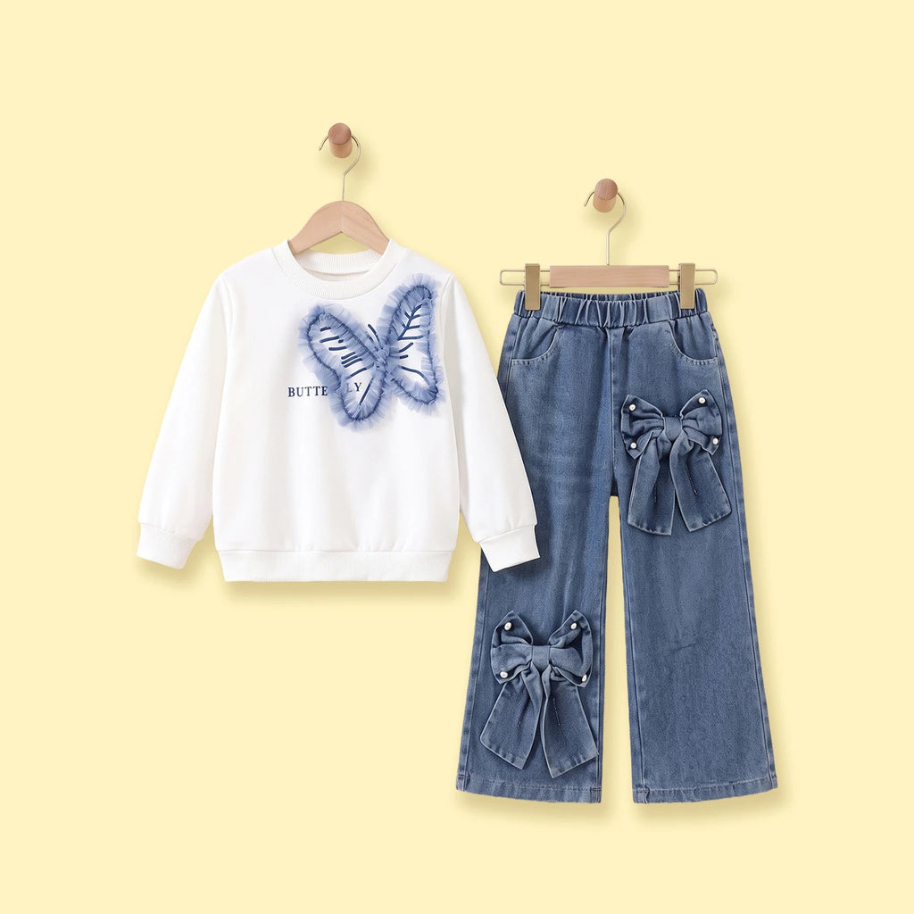Girls White Butterfly Long Sleeve Sweatshirt With Denim Pants Sets 2 pc. Sets White 3-4 Y
