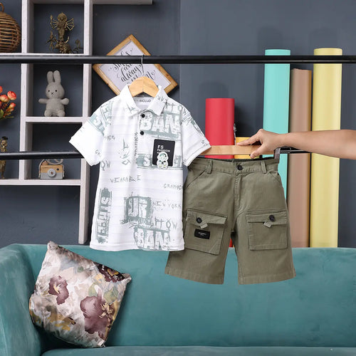 Boys Olive Typographic Printed Short Sleeve Polo T-Shirt With Shorts Sets Sets Olive 1-2 Y