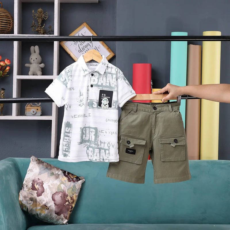 Boys Olive Typographic Printed Short Sleeve Polo T-Shirt With Shorts Sets Sets Olive 1-2 Y