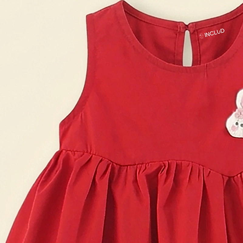Girls Red Bunny Applique Balloon Dress Casual Dresses