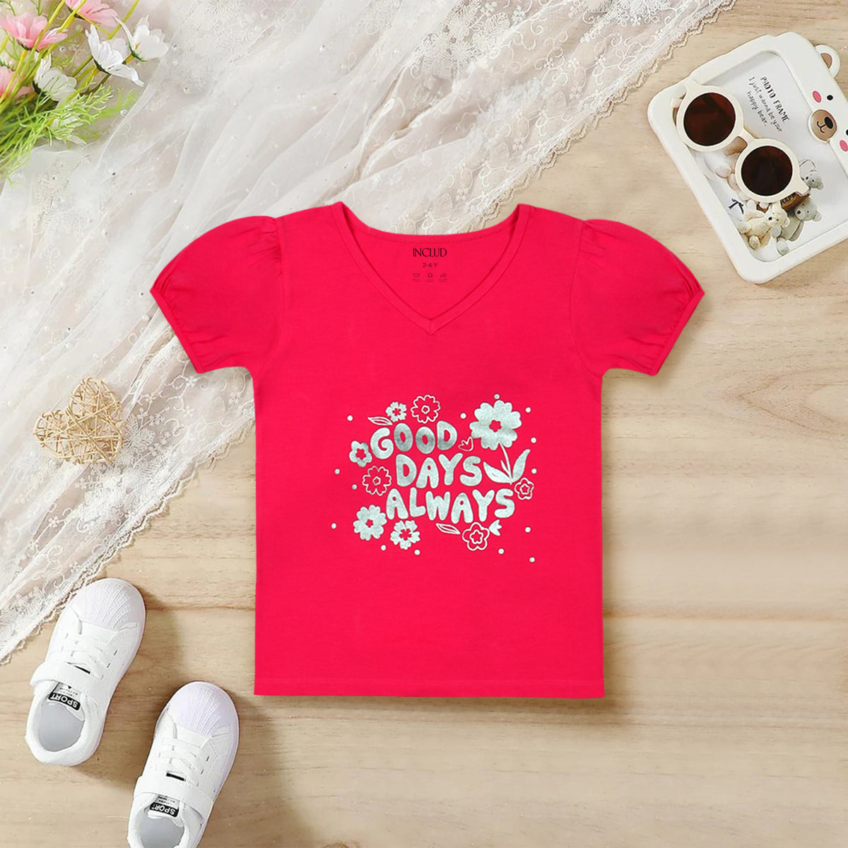 Girls Multicolor Typographic V-Neck Summer T-Shirt- Pack Of 2 Tshirts
