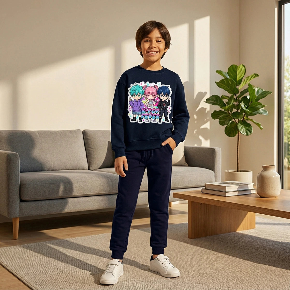 Boys Navy Blue K-Pop Fever Graphics Sweatshirt With Jogger Co-ord Sets Sets Navy Blue 1-2 Y