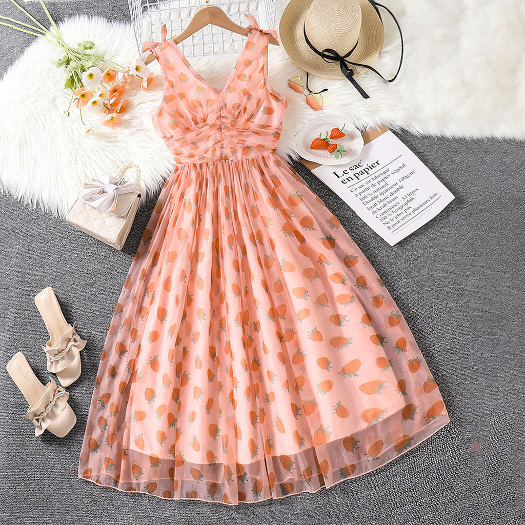 Girls Peach Strawberry Printed Ruched Midi Dress Casual Dresses Peach 12-13 Y