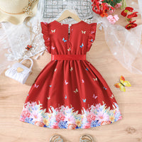 Girls Red Butterfly Printed Flutter Sleeves Dress Casual Dresses