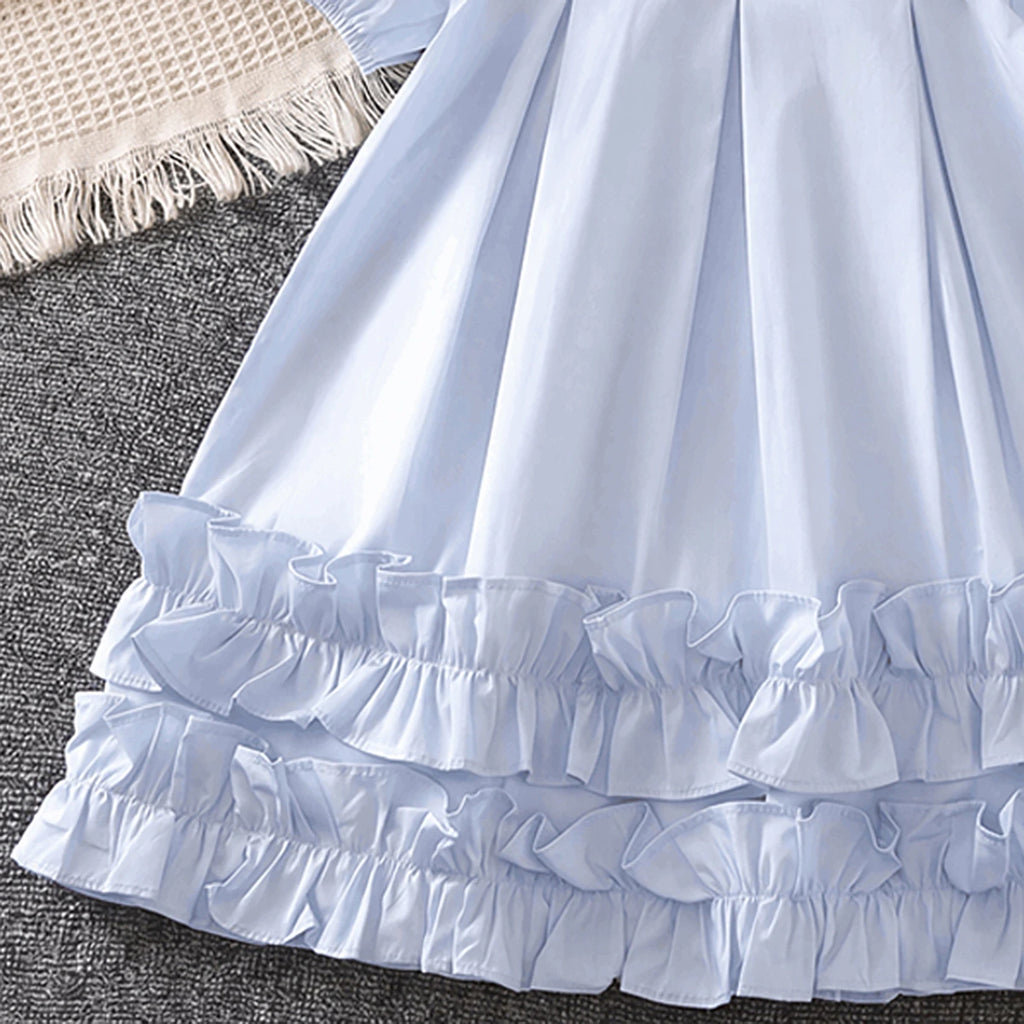 Girls Light Blue High-Neck Frilled Dress with Tiered Ruffle Hem Casual Dresses