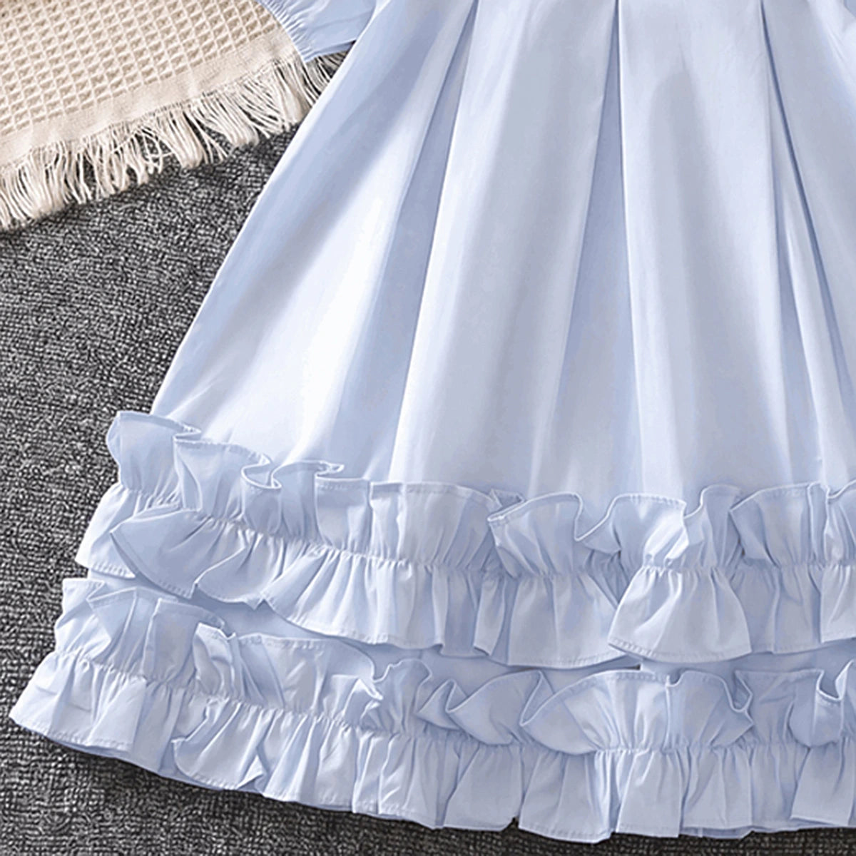 Girls Light Blue High-Neck Frilled Dress with Tiered Ruffle Hem Casual Dresses