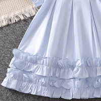 Girls Light Blue High-Neck Frilled Dress with Tiered Ruffle Hem Casual Dresses