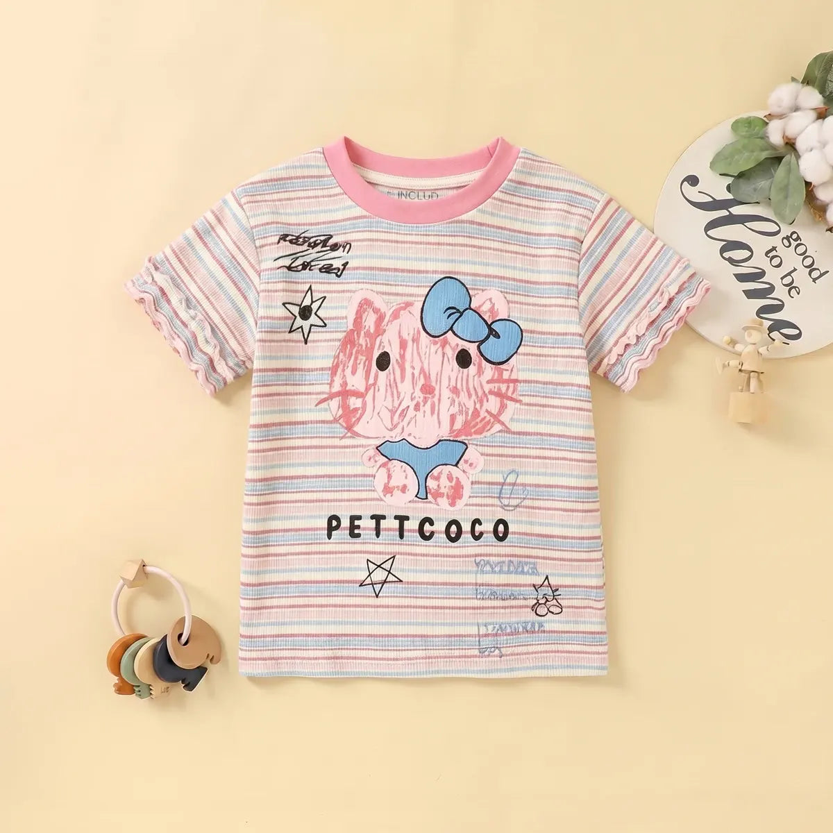 Girls Multicolor Cat Print Short Sleeve T-Shirt Tshirts Multicolor 1-2 Y