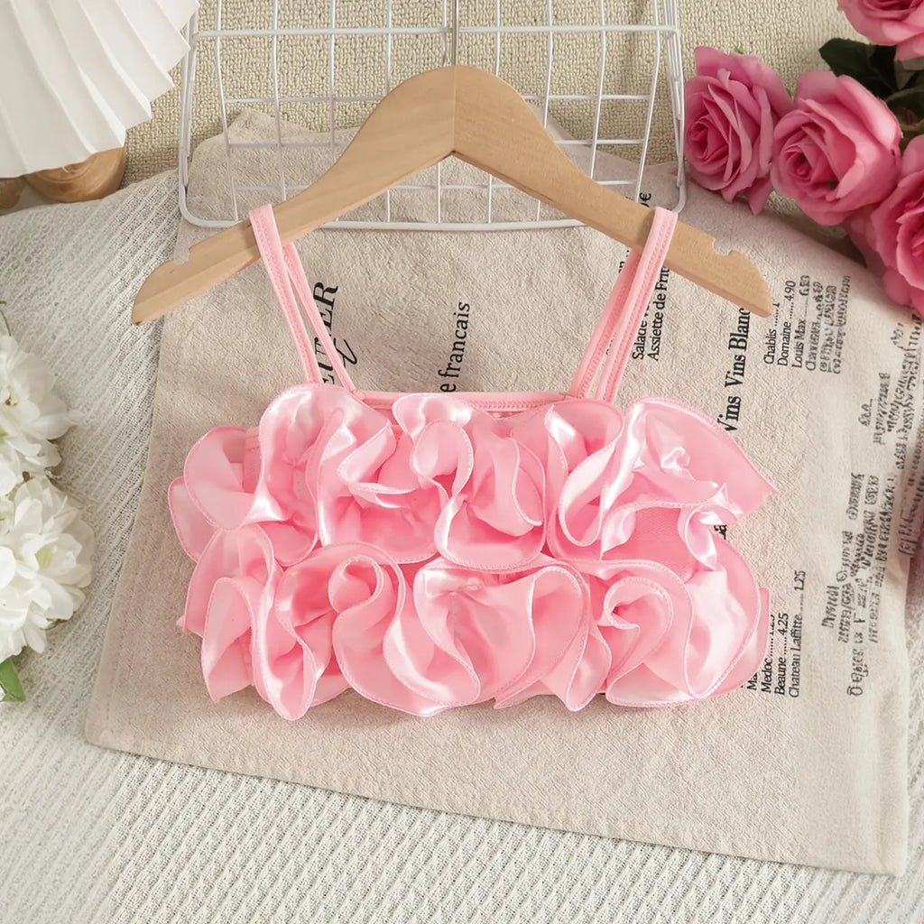 Girls Pink 3D Floral Ruffle Top With Tiered Tulle Tutu Skirt Sets Sets