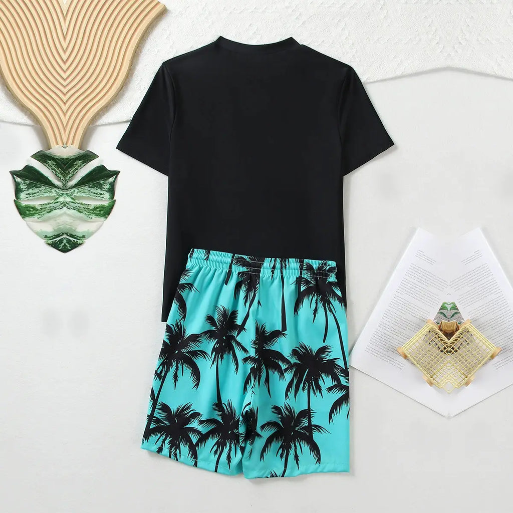 Boys Black Tropical Printed Short Sleeves T-Shirt & Shorts Swimsuit Sets Sets