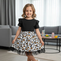 Girls Black Leopard Print Flutter Sleeve Fit & Flare Dress Casual Dresses
