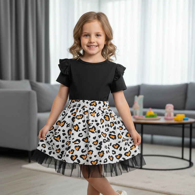 Girls Black Leopard Print Flutter Sleeve Fit & Flare Dress Casual Dresses